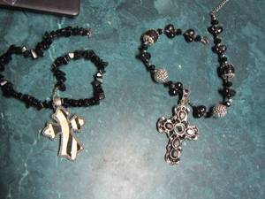 lot 213 image: 2 beaded black womens cross necklaces