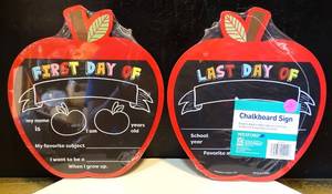lot 101 image: NEW - SEALED LOT OF 2 - REVERSIBLE FIRST AND LAST DAY OF SCHOOL CHALKBOARD SIGN IN SHAPE OF APPLE