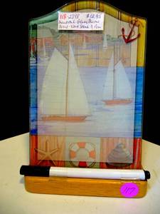 lot 117 image: NAUTICAL THEMED TABLETOP DRY ERASE GLASS BOARD WITH WOOD BASE