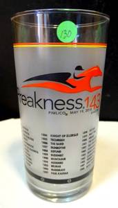 lot 130 image: PREAKNESS 143 (2018) 16 OZ GLASS TUMBLER