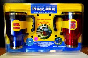 lot 267 image: NEWSEALED - Plug A Mug Auto Car Beverage Warmer 18 oz. Travel Mug Blue & Red $$