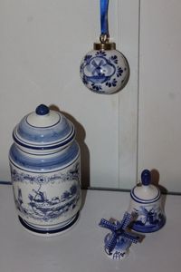 lot 51 image: Vintage Blue Delft Windmill Christmas Tree Ornament, hand painted in Holland, Holland Windmill salt Shaker, Delft Windmill Bell, Vintage hand painted Delft Lidded Jar