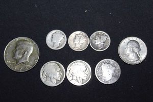 lot 136 image: Kennedy Half Dollar, Bicentennial Quarter, Mercury Dimes, and Indian Head Nickles
