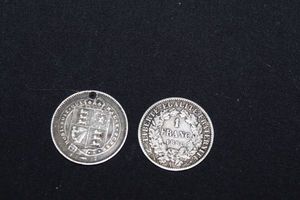 lot 225 image: 1887 Great Britian Schilling (.925 silver 5.6 G) and 1888 1 Franc (.835 Silver 5G)