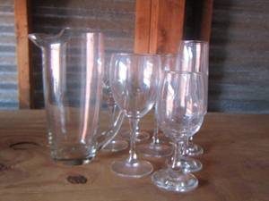 lot 31 image: wine glasses and glass handled pitcher