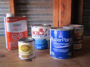 lot 45 image: used chemical lot - lacquer thinner, kilz latex, acrylic latex, wood stain and a lot more
