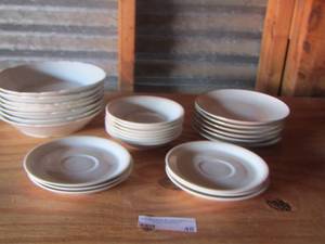lot 48 image: White dish set - qty -  6 cup plates, 6 saucers, 7 dessert bowls, 7 bowls
