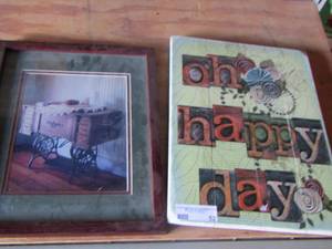 lot 52 image: Oh happy day wall art, sewing machine framed art