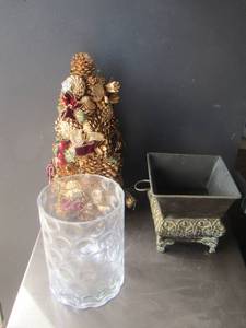 lot 79 image: small tree, large vase, metal vase