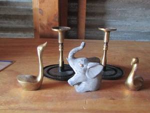 lot 103 image: candle stands qty 2, 2 brass goose,  & elephant