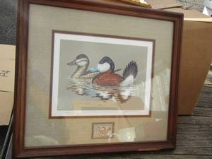 lot 129 image: 1981 FEDERAL DUCK STAMP ART W STAMP  FRAMED 16X15  SIGED & NUMBERED  1364416000  JOHN WILSON FEDERAL DUCK STAMP ARTIST 1981