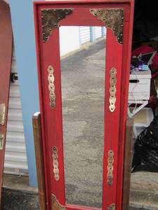 lot 12 image: red mirror on stand with real cow skin patches, western style very nice