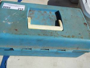 lot 215 image: small blue tool box with misc. items