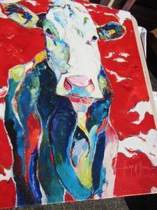 lot 257 image: WEASTERN ART - COW ON RED  BACKGROUND   by GEORGE H. JONES   3324