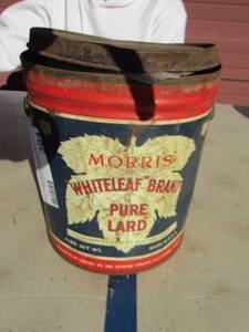 lot 304 image: Vintage MORRIS WHITELEAF BRAND  PURE LARD Metal Can W LID  - Full of Rocks