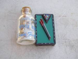 lot 344 image: small bottle sand,  seashells and a pool table lighter