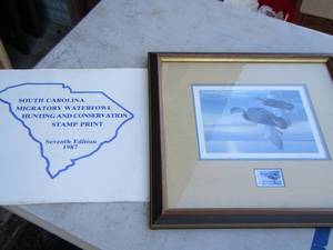 lot 409 image: SOUTH CAROLINA MIGRATORY WATERFOWL  STAMP & PRINT FRAMED  17x18