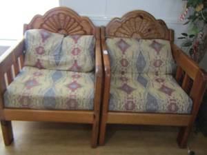lot 97 image: 2 Wooden EASY CHAIRS WITH Cushions