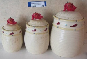 lot 136 image: chili pepper design canisters qty 3