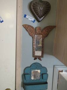 lot 142 image: heart jell mold- blue bill holder for wall - angel wing mirror