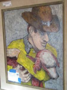 lot 21 image: Cowboy and Calf- A Tear for a Dying Calf   Artist Dan Krivoshia  ACRYLIC PAINTING 31 X 27   $$$$