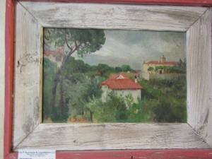 lot 149 image: 1217 Red Roof top painting framed   E. RATLLE