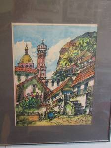 lot 155 image: village houses on side of hill framed wall art- 2218
