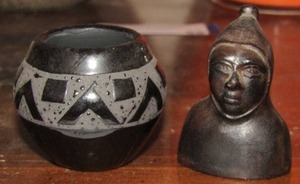 lot 56 image: Small black pottery bowl NAVAHO MARY SAXON  - Man sculpture