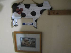 lot 296 image: cow wall art, farm art lady feeding chickens