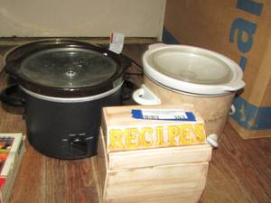 lot 303 image: qty 2 small crock pots, recipes box