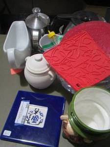 lot 305 image: coffee cup, hot pot mats, creamer, coffee pot,