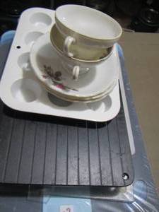 lot 308 image: mini cup plates and handled cups, muffin pans, cutting boards,