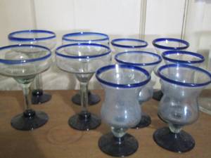 lot 320 image: blue rim tall and short stem wine glasses