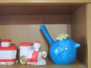 lot 347 image: vase, ceramic train dcor, blue bird vase, his and hers candle stand