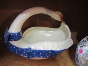 lot 351 image: goose handled basket, dcor egg, candle holder