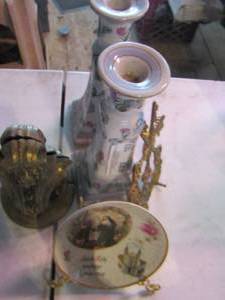 lot 103 image: candle stands, bookends, dcor plate