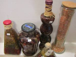 lot 69 image: DECORATIVE  VEGETABLE & OLIVE BOTTLESJARS