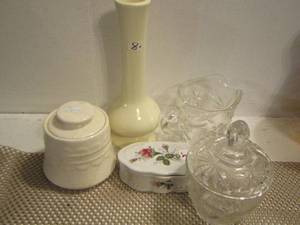 lot 67 image: creamer, sugar, covered canisters, vase
