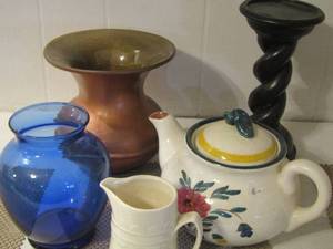 lot 177 image: candle stand, vases, tea pot, creamer