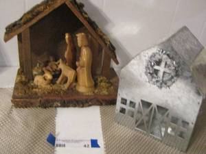 lot 42 image: nativity set wooden, metal house