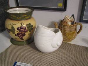 lot 427 image: green grape design vase, white seashell pot planter, rooster tea pot
