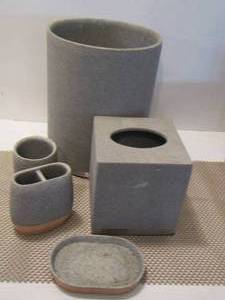 lot 445 image: dark grey bathroom set, soap dish, trash can, napkin holder, tooth brush holder and more
