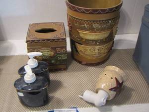 lot 446 image: bathroom trashcan with matching tissue box, plug in scentsy warmer, 2 soap dispensers