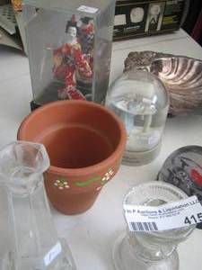 lot 415 image: mini planter pot, candle stands, snow globe, silver platted shell shape plate