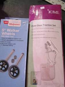 lot 471 image: over-door traction set, 5 walker wheels, deluxe sock aid