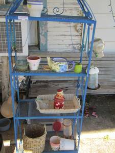 lot 551 image: blue 4 tier outdoor metal shelf, sturdy and comes with flower pots