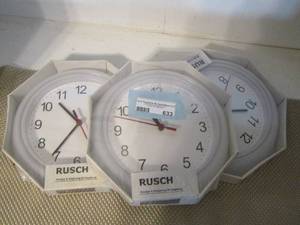 lot 633 image: Rucsh wall clocks  QTY 3  NEW
