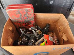 lot 181 image: Box of open face fishing reels(complete) and supplies
