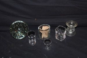 lot 28 image: Tooth Pick Holders, Shot Glasses Candle holder and Suspended Bubbles Paperweight