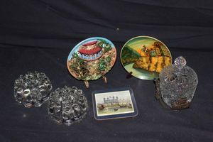 lot 24 image: Decorative Plates, Two Princess House 3 way Candle holders, Metal Candle Holder, Anchor Hocking Star of David Lidded Dish